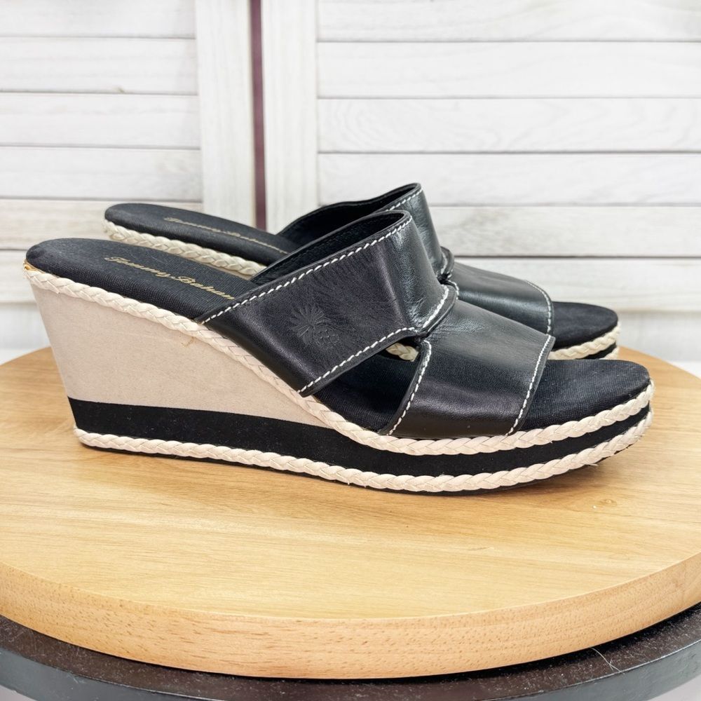 Tommy Bahama Kamala Wedge Heel Leather Slide Sandals Black White 9